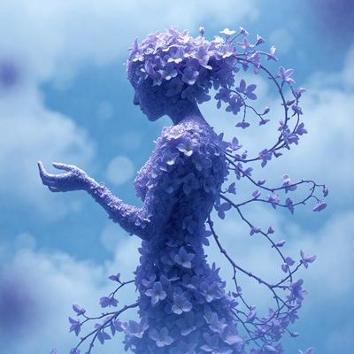 The primary subject of the image is a woman with a purple flower crown on her head. She is standing in a blue sky, surrounded by purple flowers. The visual style of the image is digital art, and the colors and mood are predominantly purple, creating a serene and dreamy atmosphere.